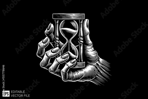 a scary hand holding hourglass ark art illustration black and white design in black background