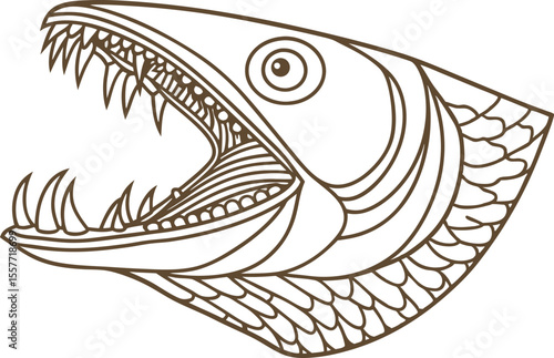 Ferocious predatory fish head with open jaws and sharp teeth detailed illustration, aquatic animal, danger symbol