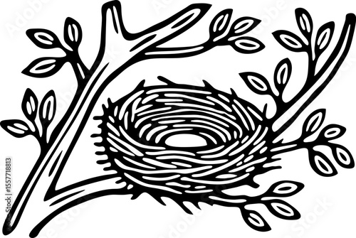 Bird nest illustration in tree branches with leaves nature, wildlife, springtime, protection, hand drawn art