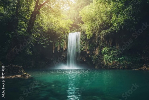 Serene waterfall cascading into emerald lake surrounded by lush greenery in a tranquil nature paradise, Nature paradise Heaven waterfall with emerald lake in wild forest