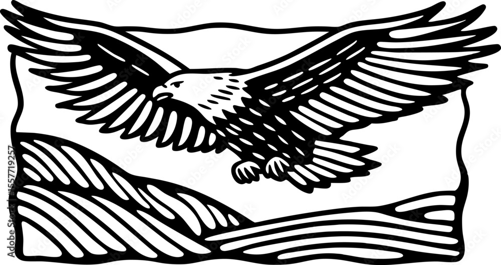 Soaring eagle in flight over landscape, bold black outline graphic, symbol of freedom and strength Soaring eagle in flight over landscape, bold black outline graphic, symbol of freedom and strength