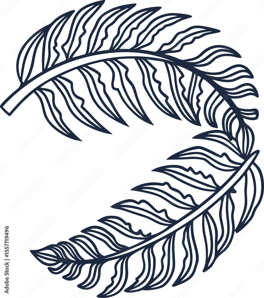 Obraz premium Palm leaves curved in circle, hand drawn black outline illustration tropical natural foliage botanical design