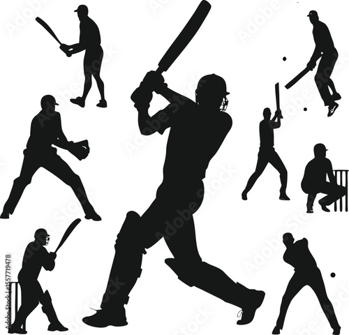 Silhouettes of cricket players in action batsmen bowlers and wicket keepers on white background