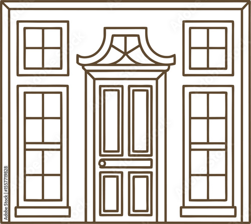 Classic house facade outline with decorative door, symmetrical windows, architectural entry front elevation