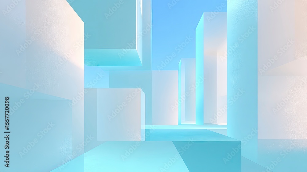 Fototapeta premium High-res abstract composition of geometric light panels, white and cyan hues, dimensional space