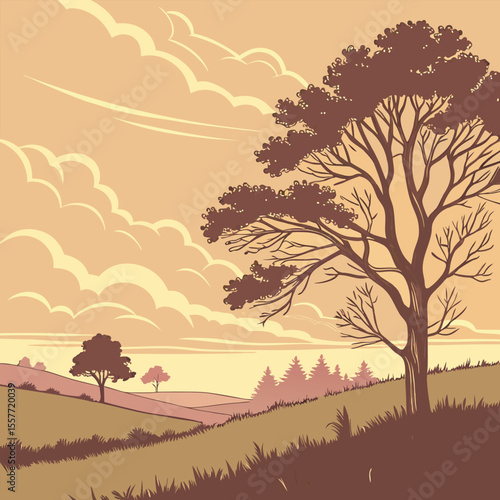 Tree silhouette landscape with sunrise and mountain