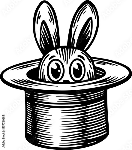 Rabbit peeking out of magician top hat vintage retro black and white drawing, magic show animal illustration