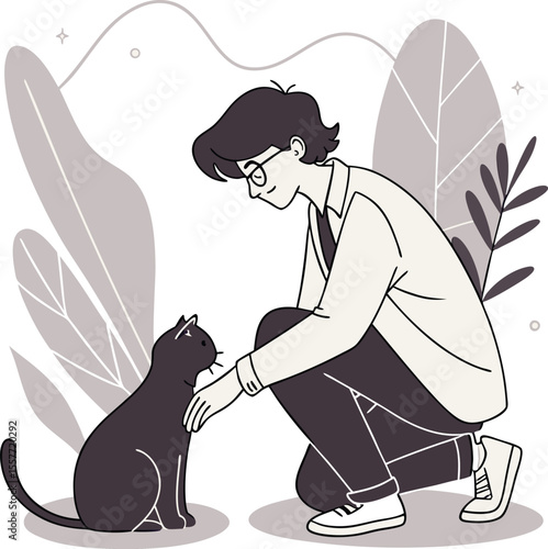 Vector silhouette illustration of a woman or girl walking with her beloved dog or cat