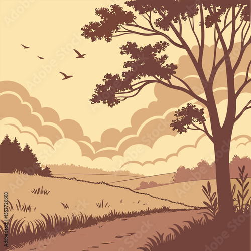 Tree silhouette landscape with sunrise and mountain