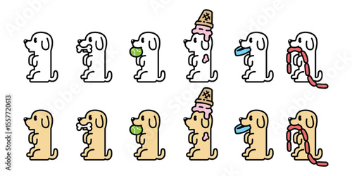 dog vector bone Beagle Golden Retriever icon sitting cartoon character ice cream tennis ball food bowl sausage hotdog puppy pet doodle symbol illustration design isolated