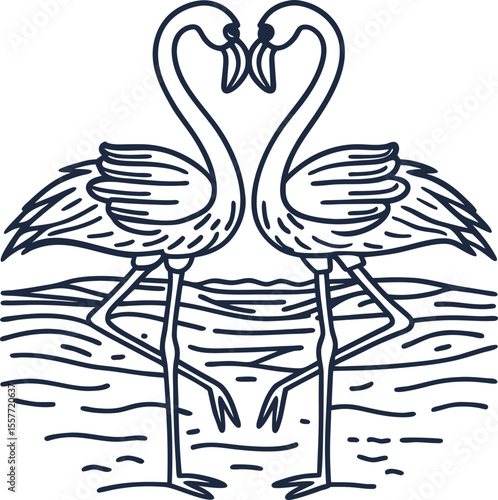 Romantic flamingo couple in love, standing by water elegant bird pair outline, romantic wildlife scene illustration