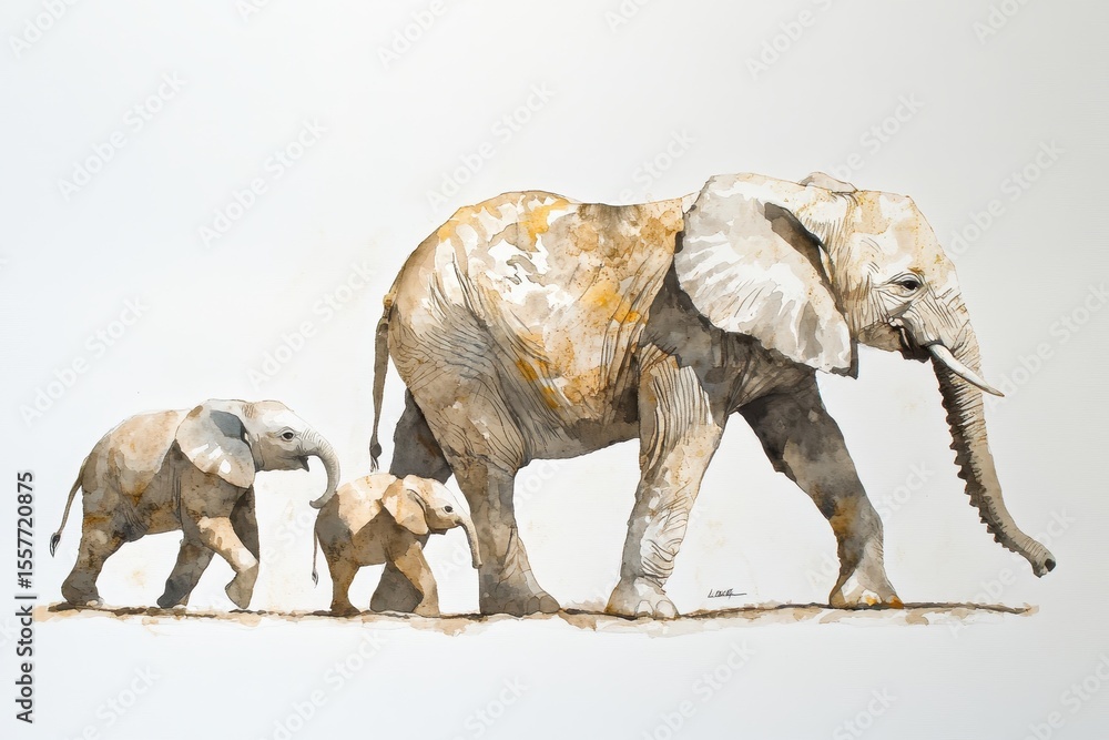 Fototapeta premium Family of elephants walking together under the warm sun in their natural habitat, Family of elephants walking
