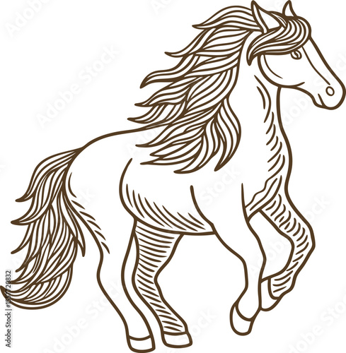 Elegant galloping horse illustration with flowing mane stylish animal line art, nature, movement, freedom concept