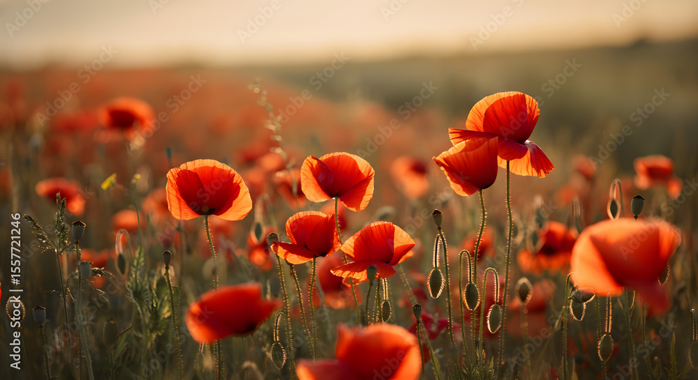 Obraz premium Red poppy flowers bloom beautifully in a summer field