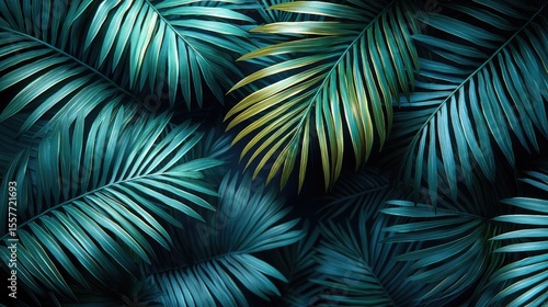 Tropical palm leaves pattern in teal and gold tones.