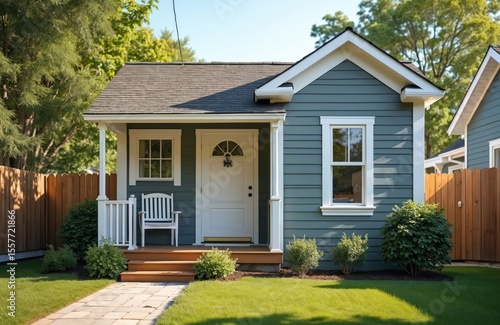 Small, cozy accessory dwelling unit ADU house. Modern design home. Tiny living, eco friendly rental property, affordable construction, backyard garden concept. Innovative architectural unit solution.