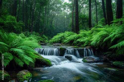 Serene creek flowing through lush rainforests of Tasmania in Australia during a misty morning, Tasmania nature landscape Creek in Australia rainforest lush