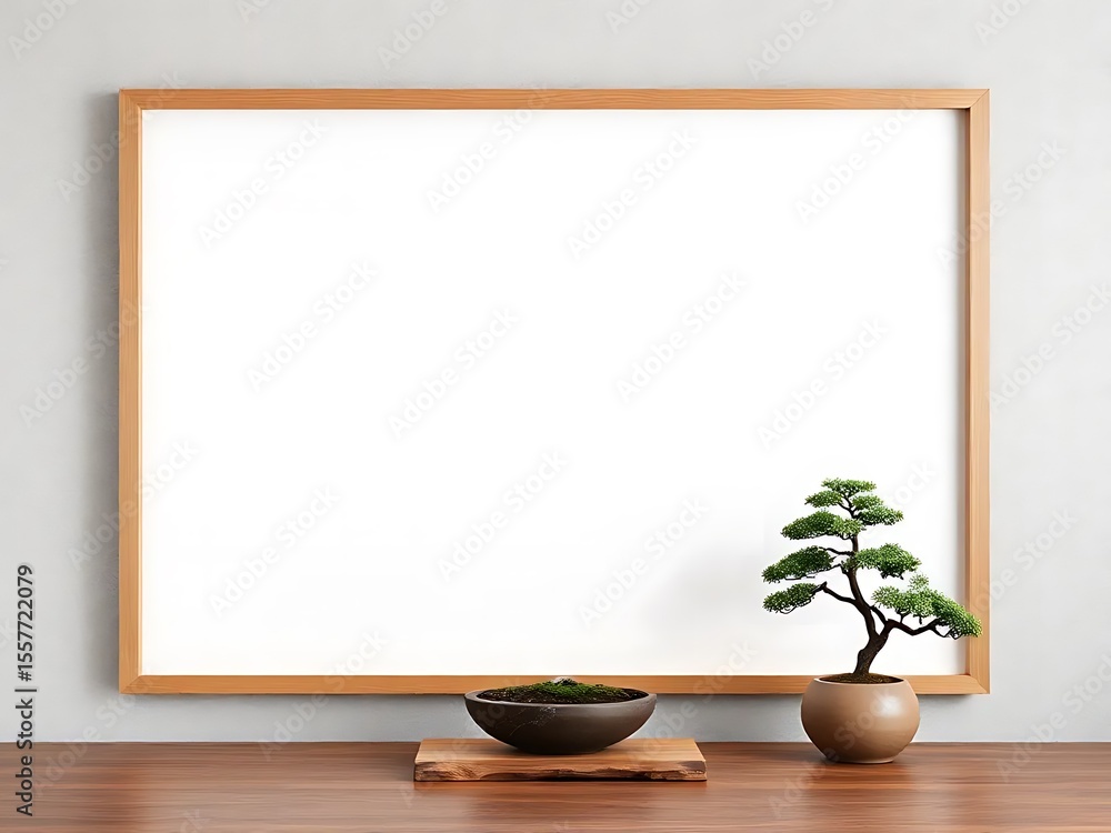 Modern Wall Art Mockup in Interior Room with Wooden Frame and White Background Modern Wall Art Mockup in Interior Room with Wooden Frame and White Background