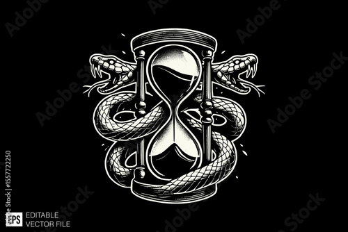 a snake tied in hourglass dark art illustration black and white design in black background