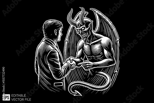 Make a deal with the devil dark art illustration black and white design in black background