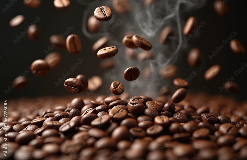 Close-up illustration of coffee beans. Heap of roasted coffee beans in motion. Fresh coffee beans fly in air, hot steam, black background. Drink ingredient for cafes and coffee shops. Close-up illustration of coffee beans. Heap of roasted coffee beans in motion. Fresh coffee beans fly in air, hot steam, black background. Drink ingredient for cafes and coffee shops.