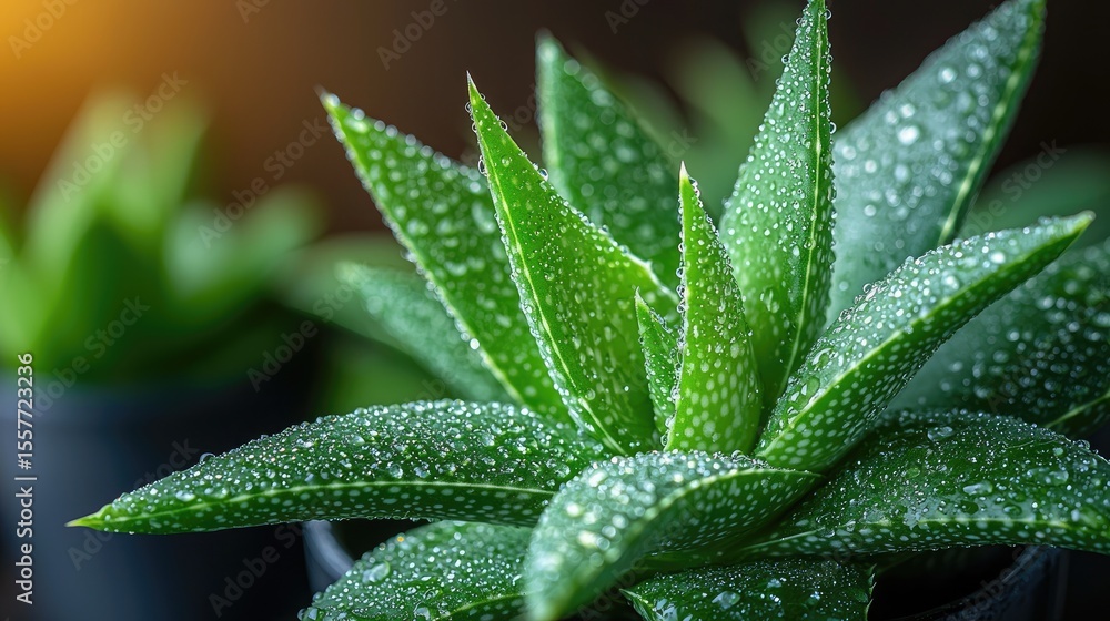 Obraz premium Close-up view of succulent plant leaves covered in water droplets.