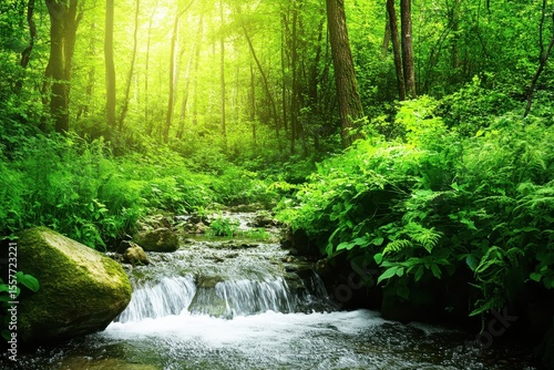 Lush forest stream cascading through verdant foliage under soft sunlight, Lush Forest Stream with Green Foliage