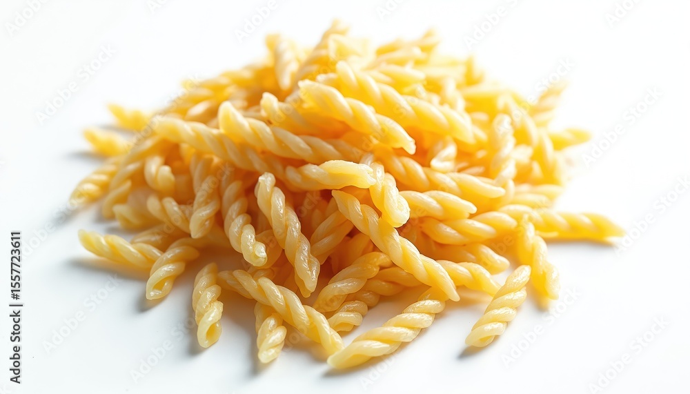 Fototapeta premium Pile uncooked fusilli pasta isolated on white background. Spiral shaped Italian food, vermicelli noodles. Perfect for culinary design and healthy eating concepts. Close-up with selective focus.