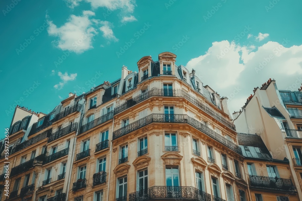 Fototapeta premium Beautiful residential buildings under blue sky in Paris showcasing unique architecture and rooftops, Paris roofs and buildings facades in residential area, beautiful architecture style