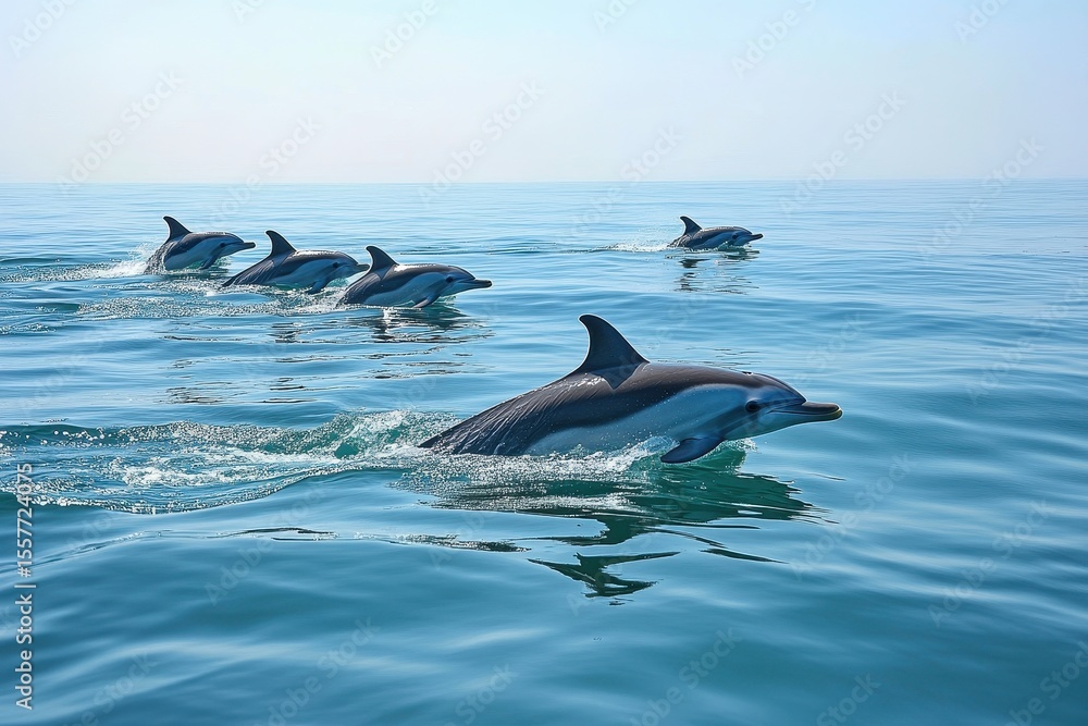 Fototapeta premium Dolphins swim gracefully in the tranquil waters of Trincomalee showcasing natures beauty, Peaceful ocean nature Many dolphins swim in Trincomalee Sri Lanka