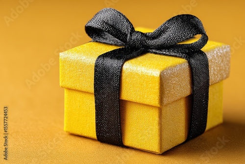 Yellow gift box tied with a black ribbon, on a golden backdrop