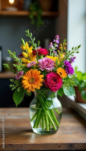 Wallpaper Mural A vibrant and colorful medley of fresh edible flowers and herbs in a glass vase or floral container on a rustic wooden table or cafe counter, salad, garnish Torontodigital.ca