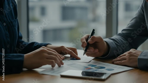 Two people are reviewing a document with charts one holds a pen over it