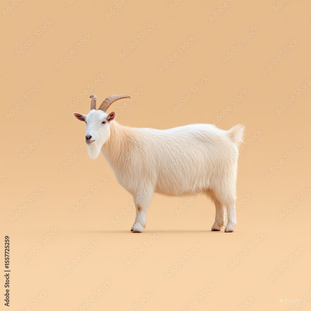 White Fluffy Goat Standing on Beige Background White Fluffy Goat Standing on Beige Background