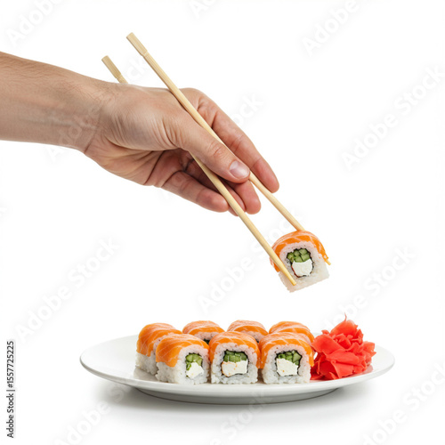 Sushi Pick Up with Chopsticks on White Background