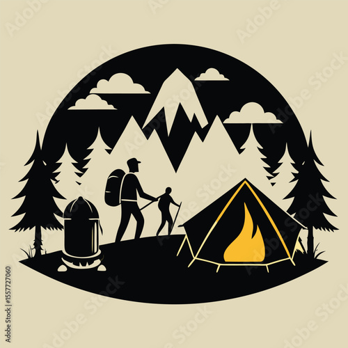 Two hikers with backpacks and poles ascend a mountain near a tent and campfire