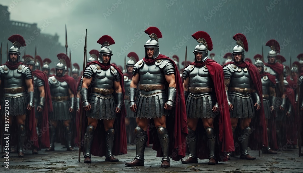 Naklejka premium Group of roman legionaries in armor standing. Soldiers wearing helmets, red capes ready for battle. Warriors in formation determined. Historical scene with men ready to defend. Military ancient