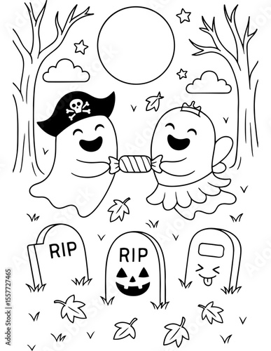 Two giggling ghosts play tug-of-war with a long piece of candy Halloween Coloring Page