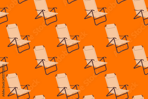 Seamless pattern with beige reclining camping chairs on orange background. Outdoor furniture repeating design for textiles and prints.
