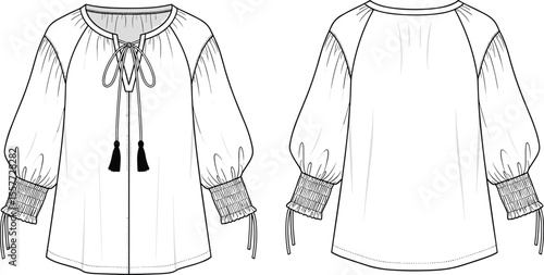 Women's Smocked Waist Midi Skirt CAD Drawing Flat Vector Illustration - Fashion Design for Casual, Bohemian, Resort Wear, Apparel Mockup, Template, Flowy Style