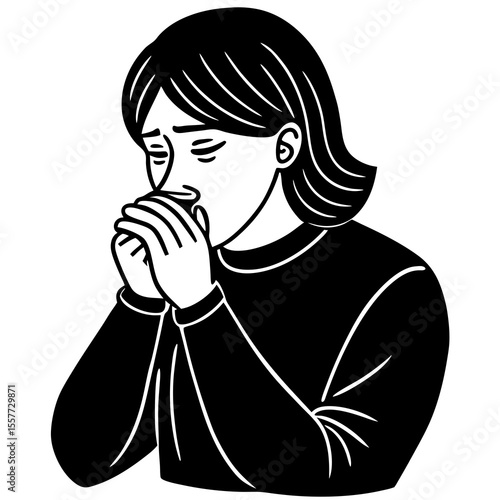 Vector art of a woman prays with her hands clasped, a black and white vector illustration isolated on white background