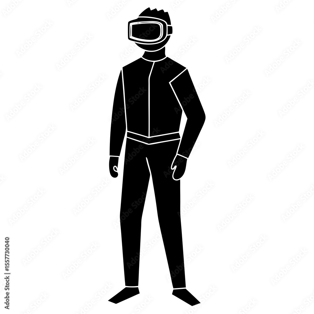 Vector art of a man wearing a vr headset stands in a simple silhouette isolated on white background Vector art of a man wearing a vr headset stands in a simple silhouette isolated on white background