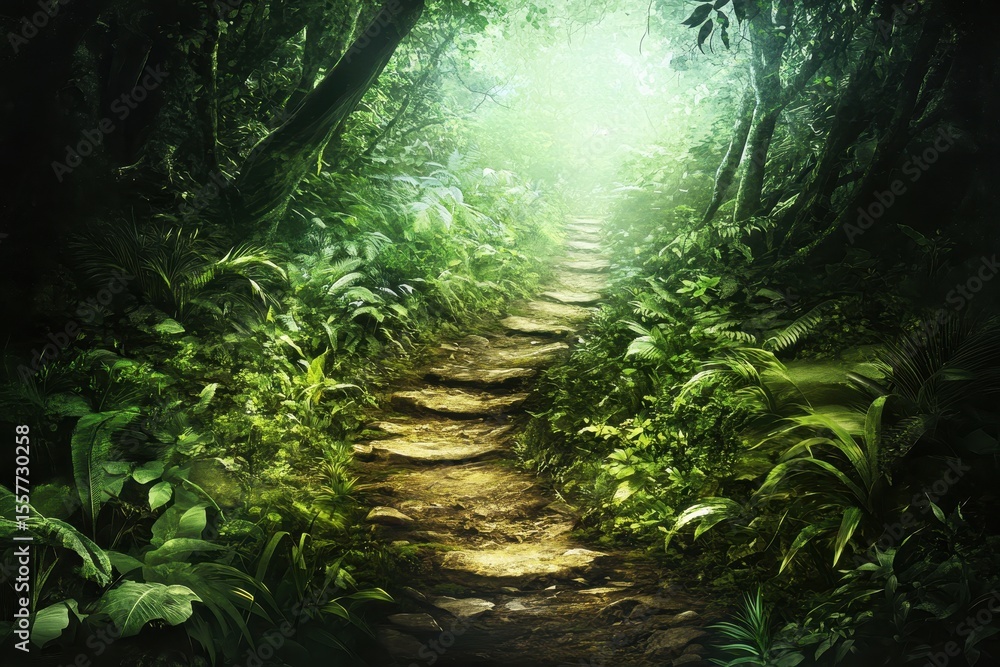 Obraz premium Exploring a winding trail in a lush jungle rainforest at dawn, Trail path in jungle forest Rainforest nature exploration and adventure