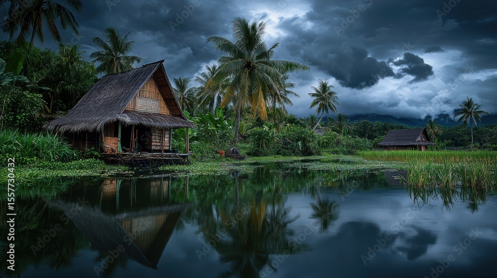 Rustic village reflection at twilight Rustic village reflection at twilight
