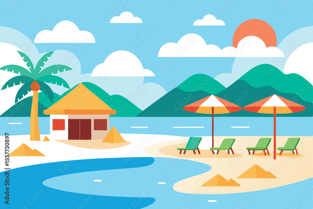 Naklejka premium Cartoon Beach with a Hut, Palm Tree, Sun Umbrellas, Lounge Chairs, and Mountains