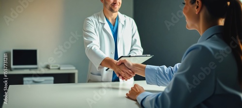 Doctor & Patient Consulting - Healthcare Professional Connection, A doctor in a white coat shakes hands with a patient while standing beside a table with a laptop. They both face each other.