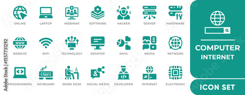 Computer Internet Icon Set. Features icons of laptops, browsing, Wi-Fi, cloud, data transfer, and networks. Perfect for websites, tech apps, and digital services.