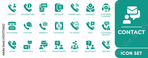 Contact Icon Set. Features icons for phone, email, chat, customer support, social media, and video call. Perfect for websites, apps, and service platforms.