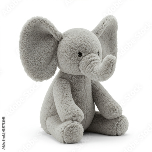 Plush Gray Elephant Toy Sitting on White Background