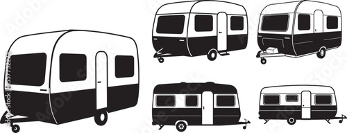 Caravan Travel Trailer Silhouette Set on White Background vector illustration